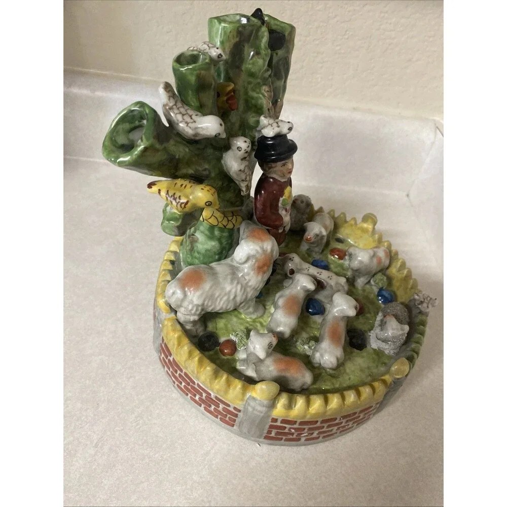 Vtg Staffordshire Style Spill Vase Shepherd, Sheepdog, Sheep, Birds, Tree 8.25
